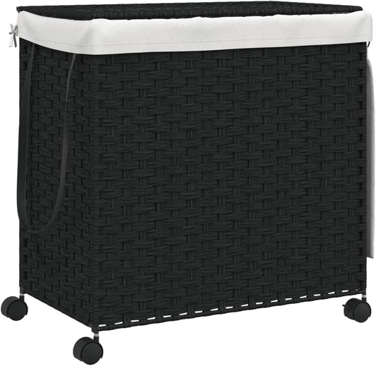 Gecheer Laundry Basket with Wheels, Black, 60 x 35 x 60.5 cm, Rattan, Laundry Basket, Laundry Basket, Laundry Basket for Baby Clothing, Bed Linen Shoes, 372042 - QUORE
