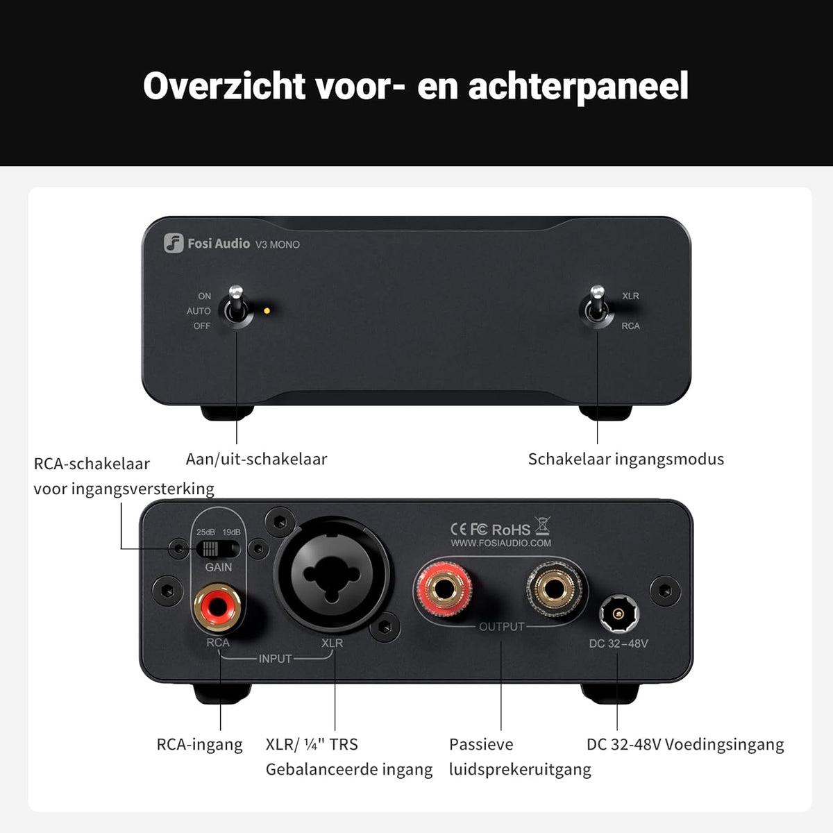 Fosi Audio Twee V3 Mono Vermogensversterkers met TPA3255 240W, Mini Monoblock Klasse D Versterker voor Home Theater AVR Receiver Component, RCA/XLR Gebalanceerde Ingangen 48V/10A Vermogen