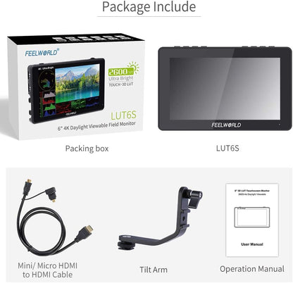 FEELWORLD LUT6S 2600Nit Camera Field Monitor 6 Inch TouchScreen 1920x1080 IPS Veldmonitor met 3G-SDI&4K HDMI Ingang/Loop Uitgang,3D LUT,HDR Golfvorm,Peak Focus DSLR Video Assist,Tilt Arm