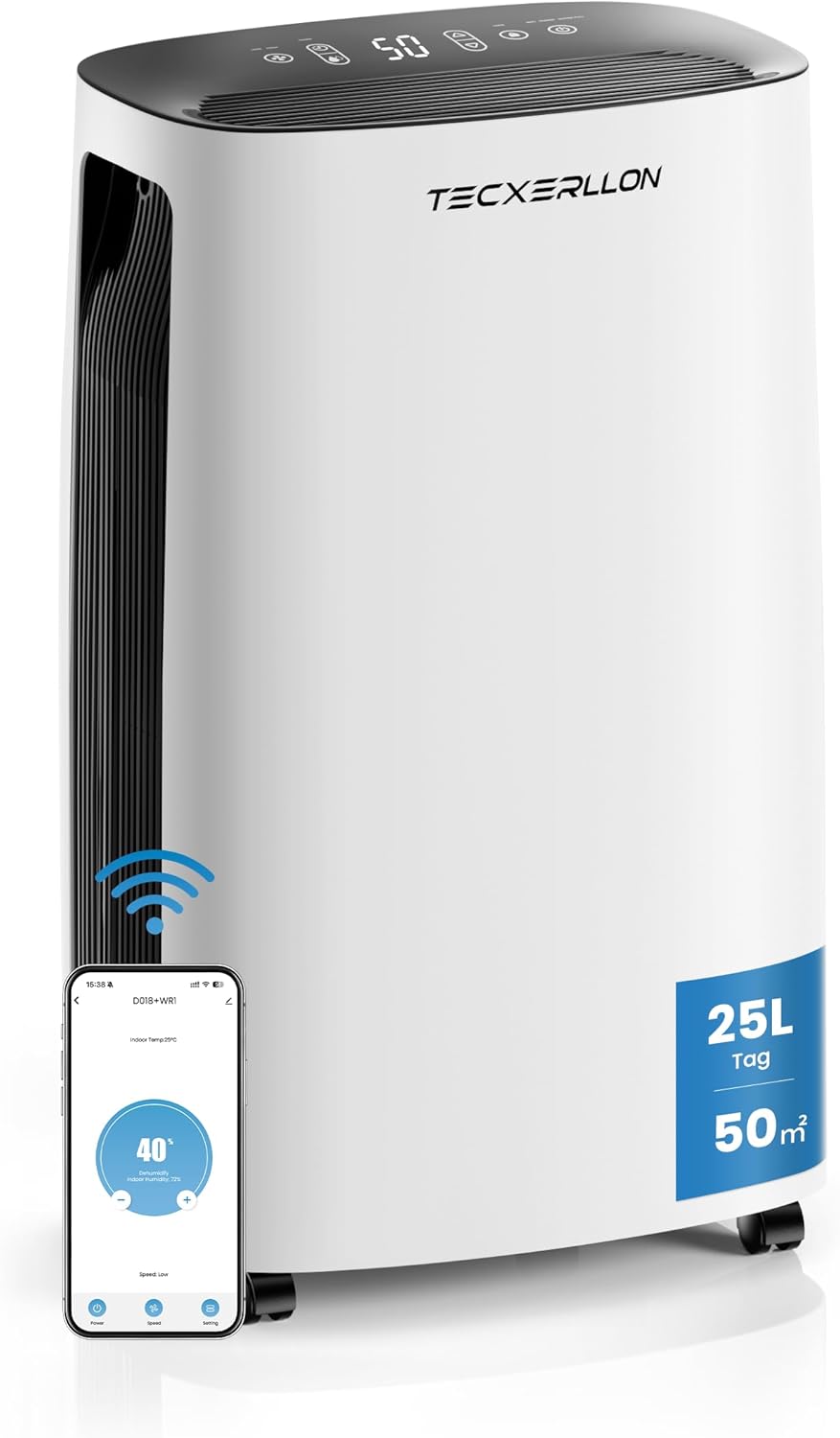 Elektrische luchtontvochtiger, 25 l/24 uur, afmetingen ruimte ca. 150 m³ (50 m²), 24-uurs timer, kinderbeveiliging, stille elektrische luchtontvochtiger, overloopbeveiliging
