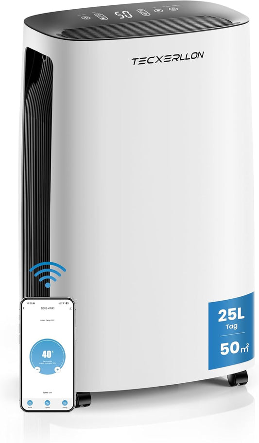 Elektrische luchtontvochtiger, 25 l/24 uur, afmetingen ruimte ca. 150 m³ (50 m²), 24-uurs timer, kinderbeveiliging, stille elektrische luchtontvochtiger, overloopbeveiliging