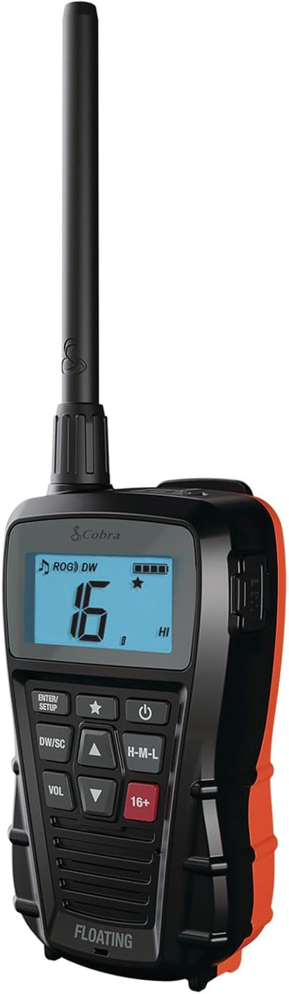 Cobra BlueBound 150 Handheld VHF Marine Radio - 3 watt, drijvend, IPX7 waterdicht, dompelbaar, lcd-display, geheugenscan, riemclip, zwart