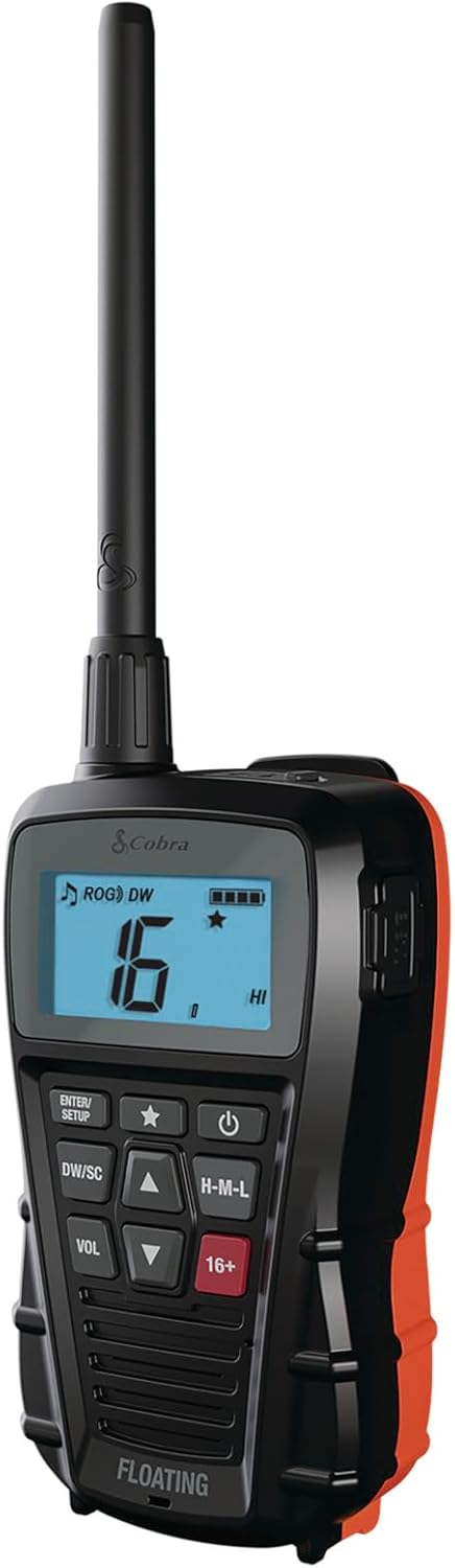Cobra BlueBound 150 Handheld VHF Marine Radio - 3 watt, drijvend, IPX7 waterdicht, dompelbaar, lcd-display, geheugenscan, riemclip, zwart