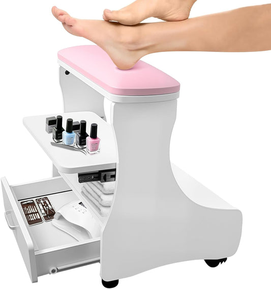 Pedicure Voetensteun – Voetenbankje – Manicure Krukje – Spa Trolley – Voetmassage Hocker – Verwijderbare PU Leren Zitting – Makkelijk Verplaatsbaar met Wieltjes (Roze-Wit)
