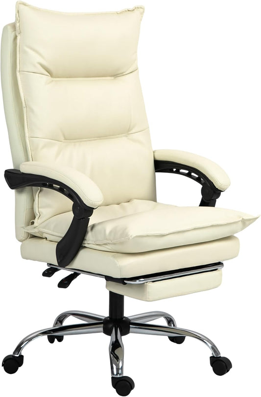 Vinsetto Office Chair, Ergonomic Office Chair with Armrest, Footrest, Height Adjustable Faux Leather Swivel Chair, Upholstered Computer Chair, Beige - QUORE