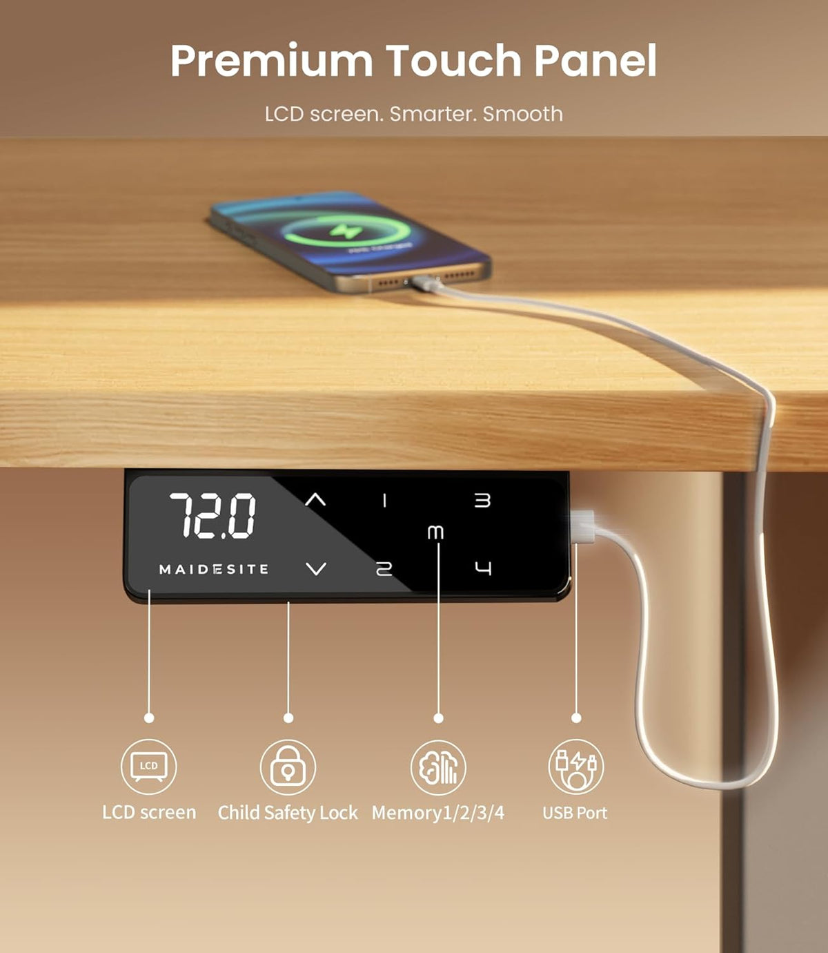 MAIDeSITe Electric Desk Height Adjustable Desk Frame Height Adjustable Desk Frame with 4 Memory Control and Anti-Collision Function(Grey) - QUORE