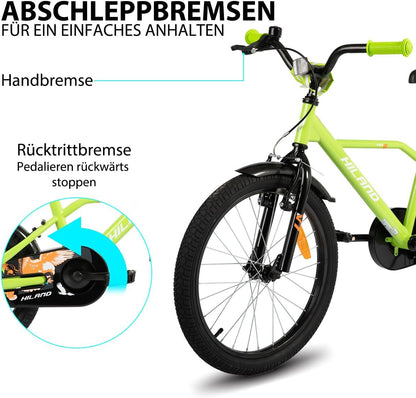 Hiland Kinderfiets, 32/14/16/20 cm, voor jongens van 3-10 jaar, met steunwielen, jongensfiets met handrem en terugtraprem, zwart/groen/blauw
