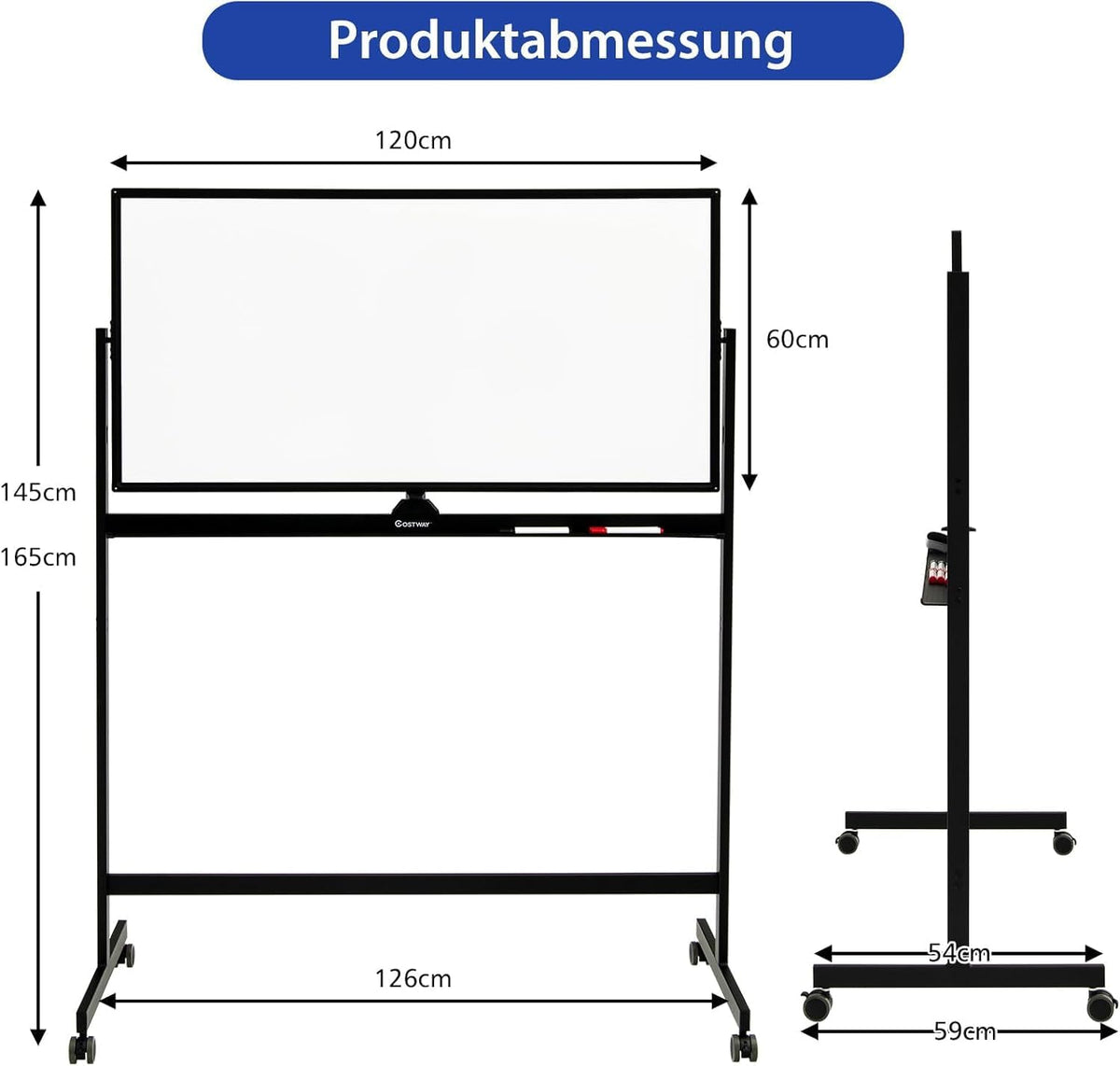 FANTASK Mobiel whiteboard, 120 x 60 cm, dubbelzijdig magnetisch whiteboard met standaard en wielen, droog afwisbaar