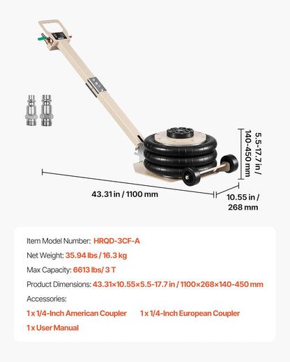 VEVOR Pneumatische garagekrik, 3T pneumatische krik met 6 stalen buizen en verstelbare handgreep, 140-450 mm hefhoogte, snellift, persluchtkrik, luchtkrik voor auto-SUV pickups