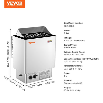 VEVOR Elektrische saunakachel, 8 kW, 400 V, 3 N, draagbare saunaverwarming voor binnen en buiten, met timer van 3 uur, geïntegreerde bediening voor 8-12 m³, commerciële hotel-spa-douche, roestvrij