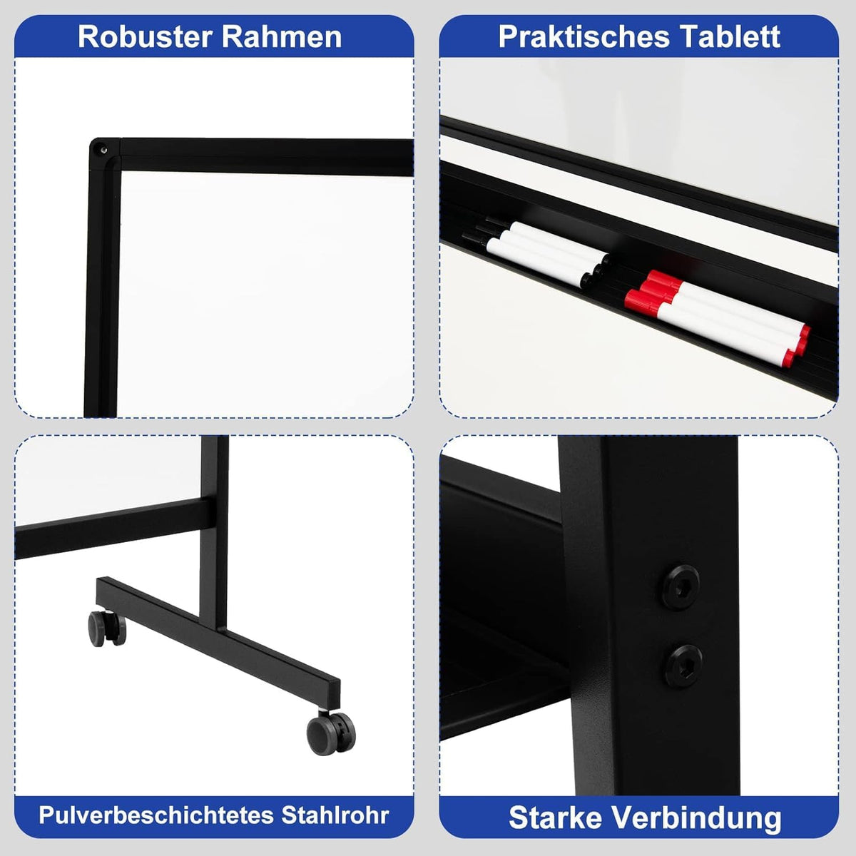 FANTASK Mobiel whiteboard, 120 x 60 cm, dubbelzijdig magnetisch whiteboard met standaard en wielen, droog afwisbaar
