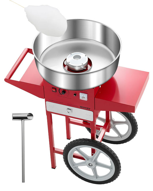 VEVOR Electric Cotton Candy Machine with Cart, Cotton Candy Machine, 1000 W, with Stainless Steel Bowl 52 cm, Sugar Tray Measuring Cup for Birthday, Party, Red - QUORE