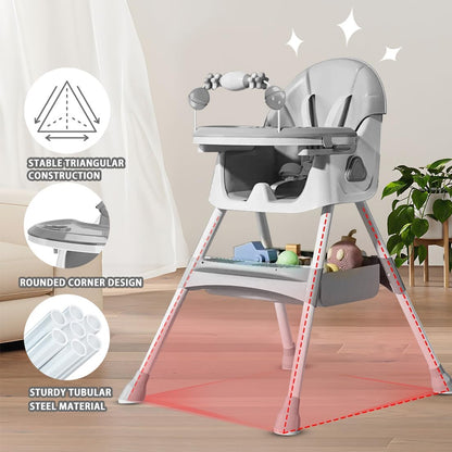 Opvouwbare Kinderstoel - Met Grote Antislipmat en Speelgoedrek - 6 Maanden plus - Grijs