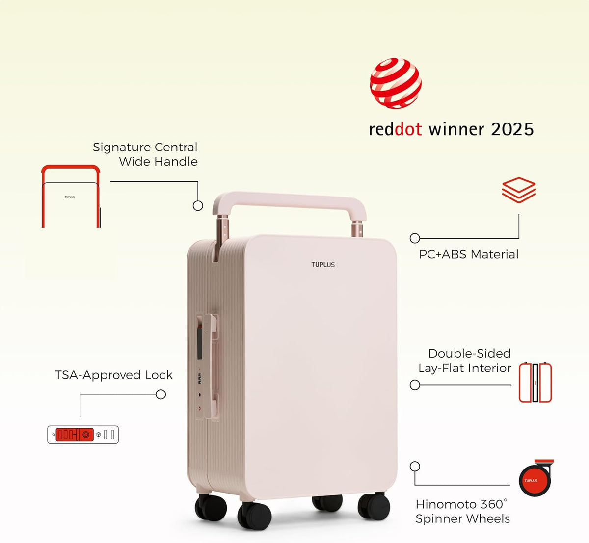 TUPLUS 50,8 cm handbagage harde bagage lichtgewicht ABS reiskoffer met brede handgreep spinner wielen TSA combinatieslot, balans serie 2.0, Sakura Roze, Carry-On 20'', Koffer