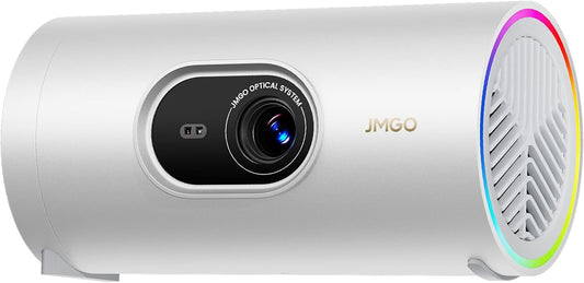 JMGO Picoplay Mini Beamer, 400 ISO lumen, Gimbal real-time autofocus, Google TV, Netflix, Rec.709 127%, HDR10, Blu-ray 3D, 200" voor buiten, gaming, wit