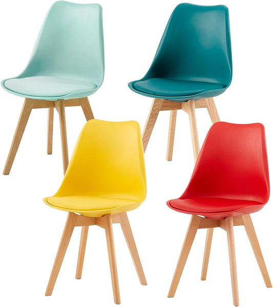 EGGREE 4er Set Esszimmerstühle Gewerbstoel met massief hout Beek Been SGS Gecontroleerd Scandinavisch Design Gepolsterde stoel Keukenstoel Hout, Gel + Rood + Mintgroen + Türkis
