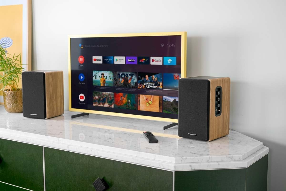 THOMSON Cosy WS902DUO Boekenkast, 150 W, stereo, Bluetooth 5.3, USB-weergave, afstandsbediening, aanbevolen voor smartphone, pc en platina vinyl, houtafwerking