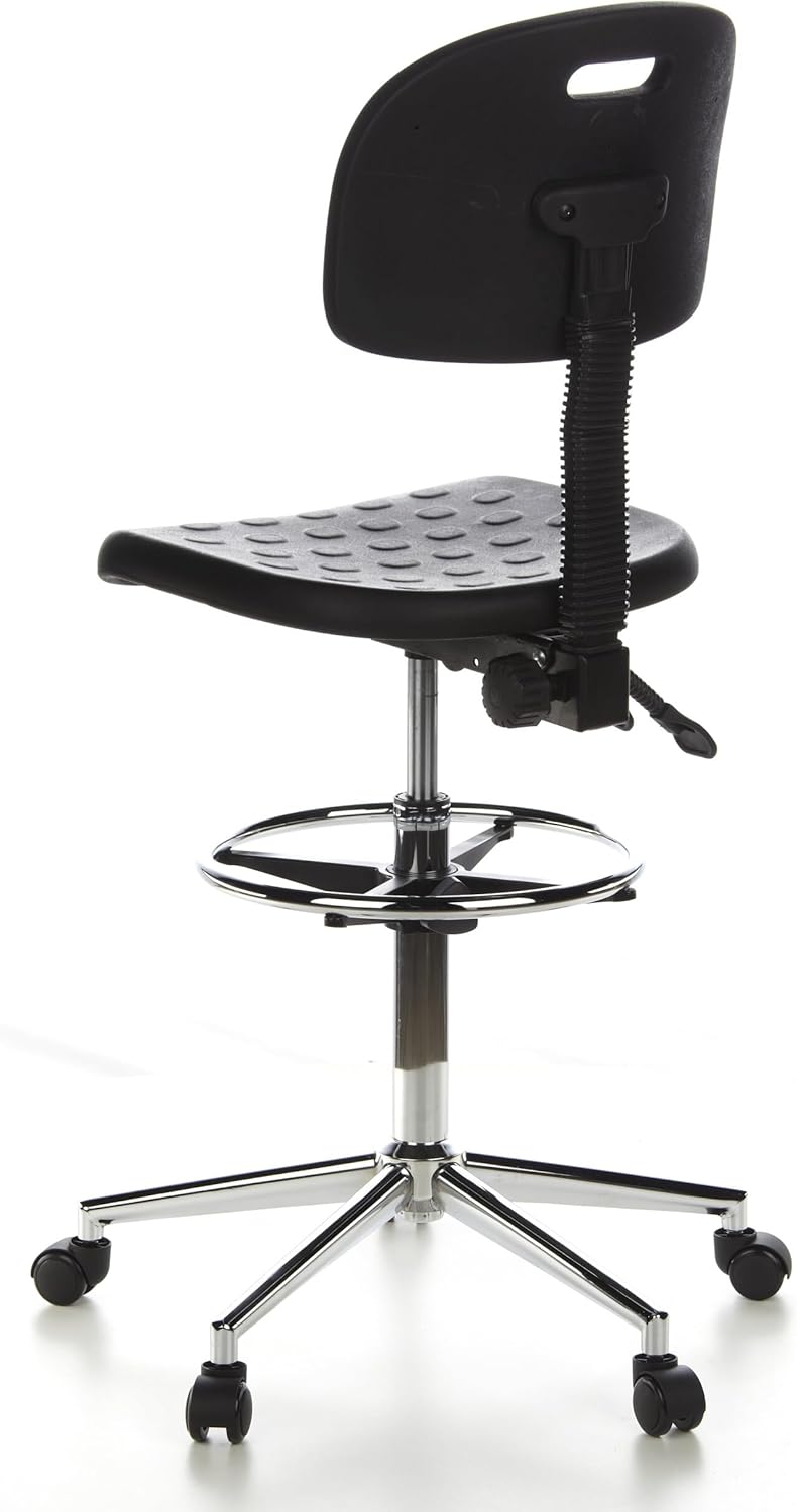 hjh OFFICE TOP Work 23 665060 Werkstoel van hardschuim, zwart/chroom, met rugleuning en wielen, in hoogte verstelbaar