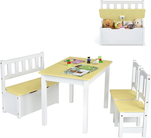 FANTASK 4-delig kinderzitgarnituur met opbergruimte, kindertafel van grenenhout met 2 stoelen & zitbank, natuurlijke kleur
