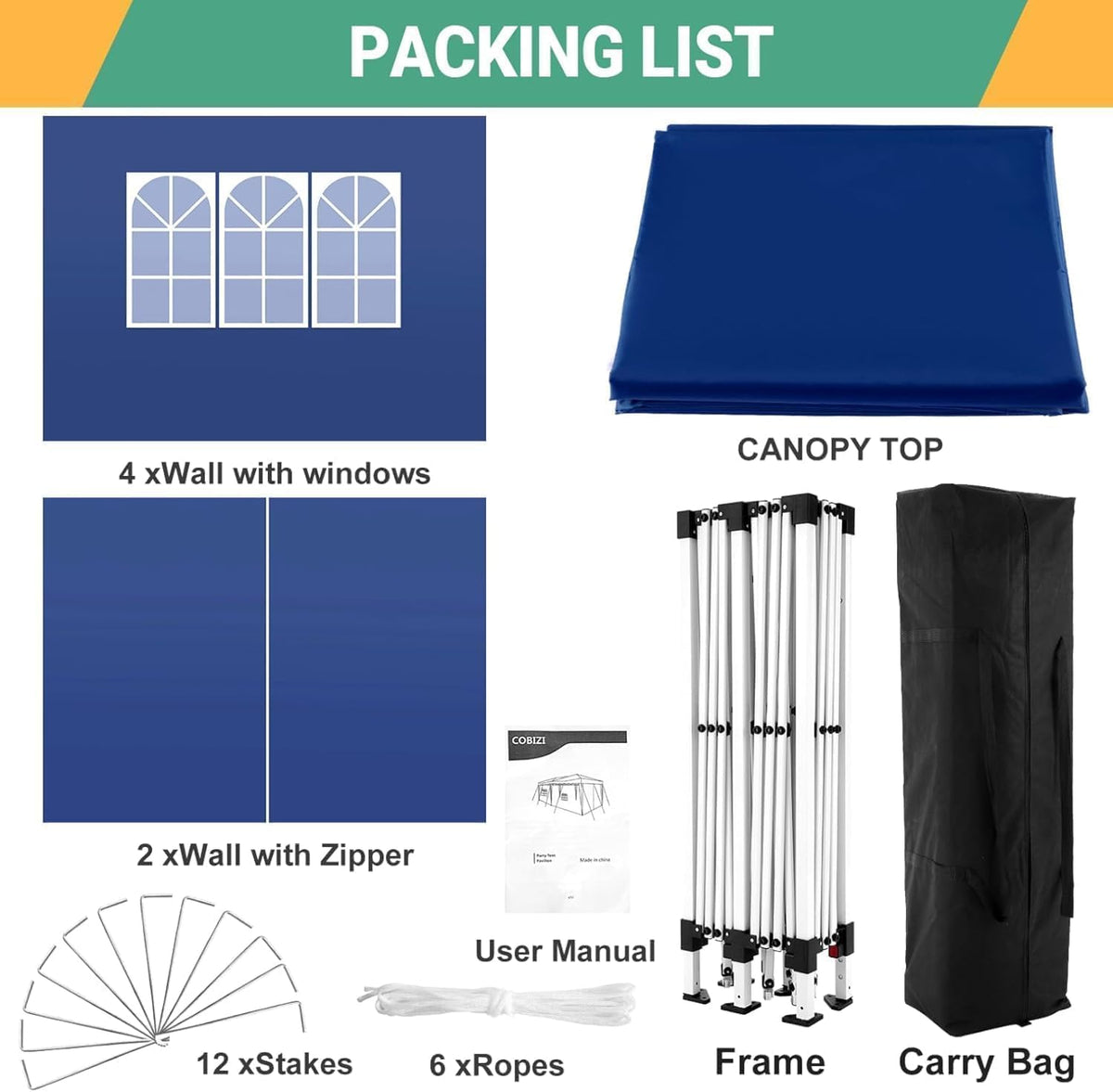 COBIZI Vouwpaviljoen, 3 x 6 cm, waterdicht, winterbestendig, pop-up paviljoen, inklapbaar, 3x6 tent met 6 zijwanden, 3 in hoogte verstelbaar, uv-bescherming, tuinpaviljoen, partytent voor markt,