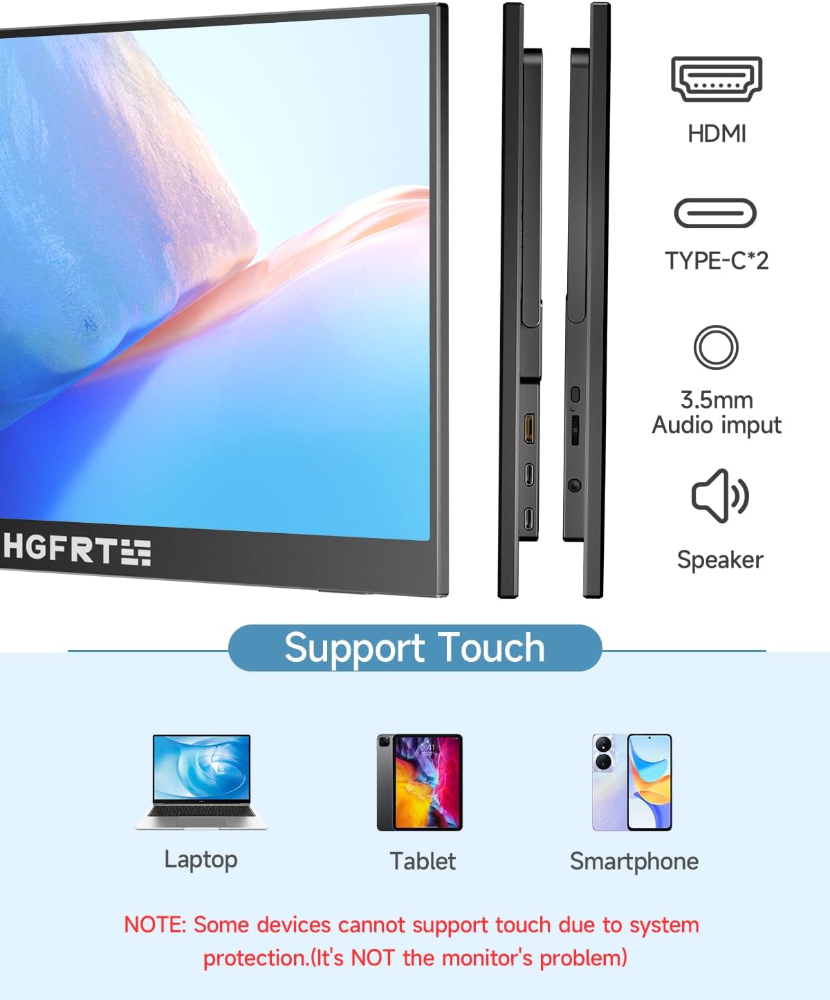 Portable Touchscreen, 15.6 inches, 1920 x 1080 FHD Portable Touch Screen 16:9, IPS, 178° Wide Angle, SRGB 80%, 60Hz, USB-C, Mini-HDMI, VESA, Two Speakers, Foldable Holder - QUORE