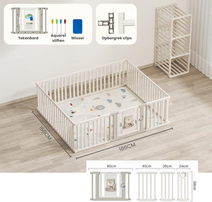 Kaëru Children's Playpen – Adjustable to Storage Rack – 186x156 cm – With Writing Board – Ground Box Baby – Playpen Baby – Playpen Baby – Includes Play Mat, Watercolor Pens, Board Wiper & Storage Rack - QUORE
