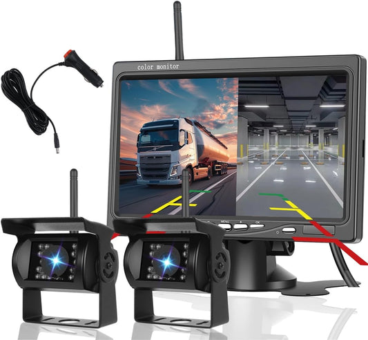 Dual draadloze achteruitrijcamera, IPS-monitor 7 inch, 1080p digitale groothoek voor nachtzicht, waterdicht IP68, achteruitrijcamera set met gesplitst display, dode hoek waarschuwing 12-36 V