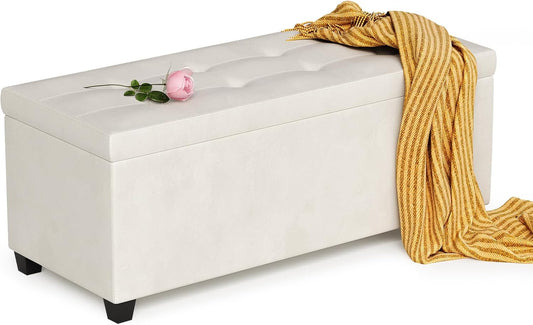 Tohomeor Kruk met opbergruimte, zitbank met poten, 40,5 x 101 x 41 cm voetenbank, 120 l opbergdoos, tot 300 kg belastbaar, voor woonkamer, slaapkamer, hal (zachtwit)