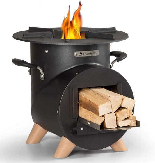 Blumfeldt Vuurplaats met grillrooster, vuurschaal voor terras en camping, vuurschaalset met grill, L-vormige vuurschalen met pookhaak, vuurschaal voor de tuin, open haard met houten standaard