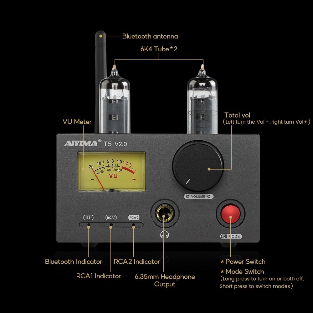 AIYIMA T5 V2.0 6K4 buisversterker hoofdtelefoonversterker 2.0 stereo mini hifi-versterker 140Wx2 Bluetooth QCC3034 Aptx-hd receiver TDA7498E digitale versterker met 2-weg analoge audio cinch-ingang