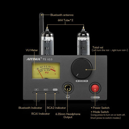 AIYIMA T5 V2.0 6K4 buisversterker hoofdtelefoonversterker 2.0 stereo mini hifi-versterker 140Wx2 Bluetooth QCC3034 Aptx-hd receiver TDA7498E digitale versterker met 2-weg analoge audio cinch-ingang