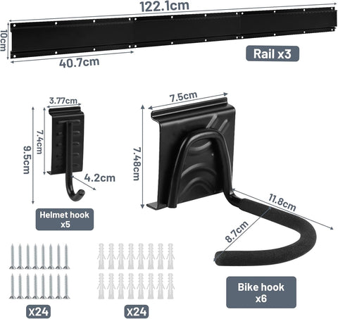 Fietsenrek - Fietsstandaard - Fietshouder - Fietshaak - voor 6 Fietsen  - 5 Helmen - Verstelbare - Verticale Wandfietsophanging - met Framebescherming - voor Woning - Garage - Opslag - Zwart