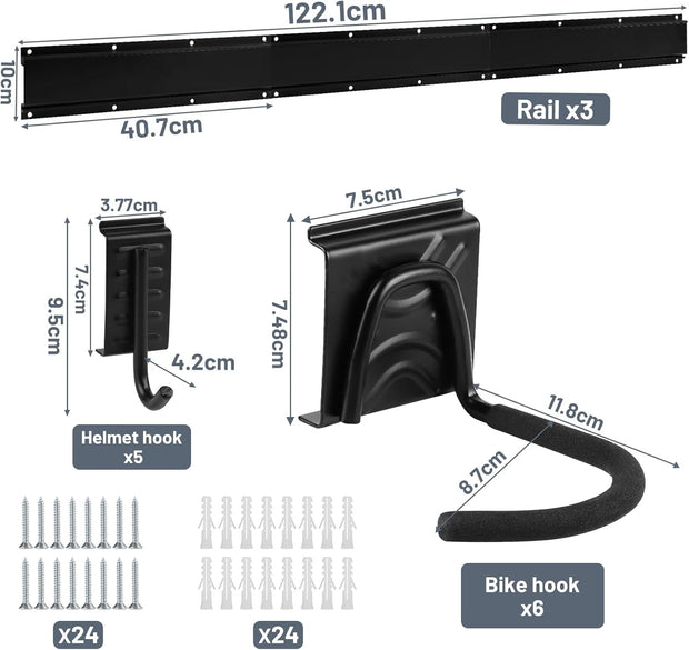 Fietsenrek - Fietsstandaard - Fietshouder - Fietshaak - voor 6 Fietsen  - 5 Helmen - Verstelbare - Verticale Wandfietsophanging - met Framebescherming - voor Woning - Garage - Opslag - Zwart