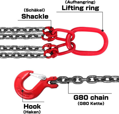 G80 Kettinghanger voor zware belasting, mangaanstaal, 4 strengen voor het heffen, met 6,4 T draagvermogen (8 mm x 1,45 m)