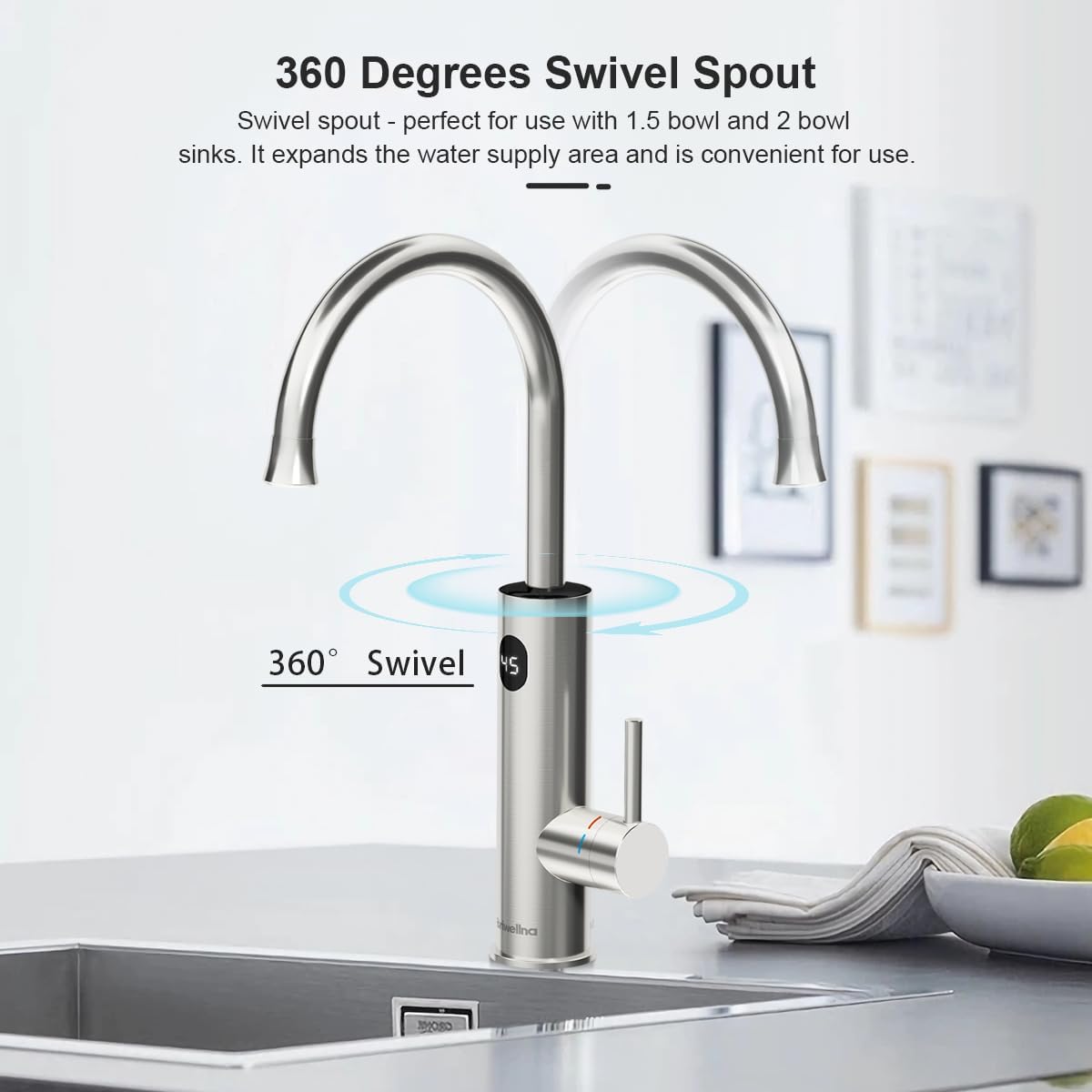 Waterkraan met doorstroomboiler, 220 V, elektrische waterkraan, 360 graden roteren en digitaal display, warmwaterkraan met universeel mondstuk, zilver