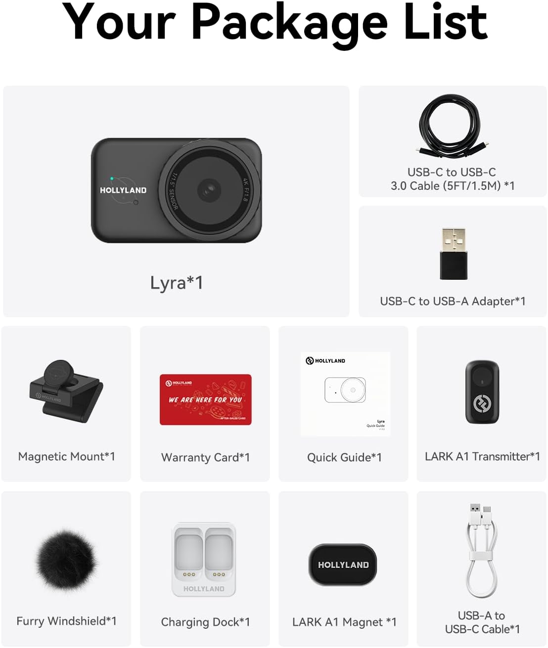 Hollyland Lyra Webcam: UHD 4K Webcam voor PC/Mac, 1/1.5" Sensor, Autoframing, PDAF, HDR - Geschikt voor Live Streaming, Videobellen & Gamen - Werkt met Zoom, Teams, Twitch en Meer (Lark A1+Lyra)