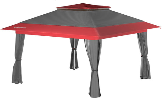 Wiltec opvouwbaar paviljoen partytent met muggennet tuinpaviljoen grijs-rood 3,92 x 3,92 m