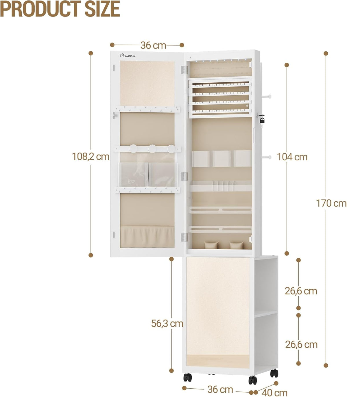 Hzuaneri Jewelry and Wardrobe with 8 LEDs, 165cm Jewelry Storage System with 1 Clothes Rack, Lockable Full Length Mirror with 4 Wheels, Storage Shelves with Hooks, White and Beige JC17003BE