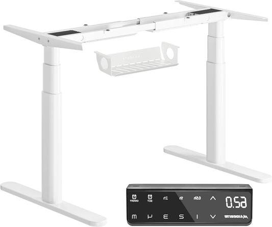 MAIDeSITe Height Adjustable Desk EL2 Plus Art Electric Desk with 2 Powerful Motors, Elegant Oval Table Frame, 4 Memory Heights and Impact Protection (White) - QUORE