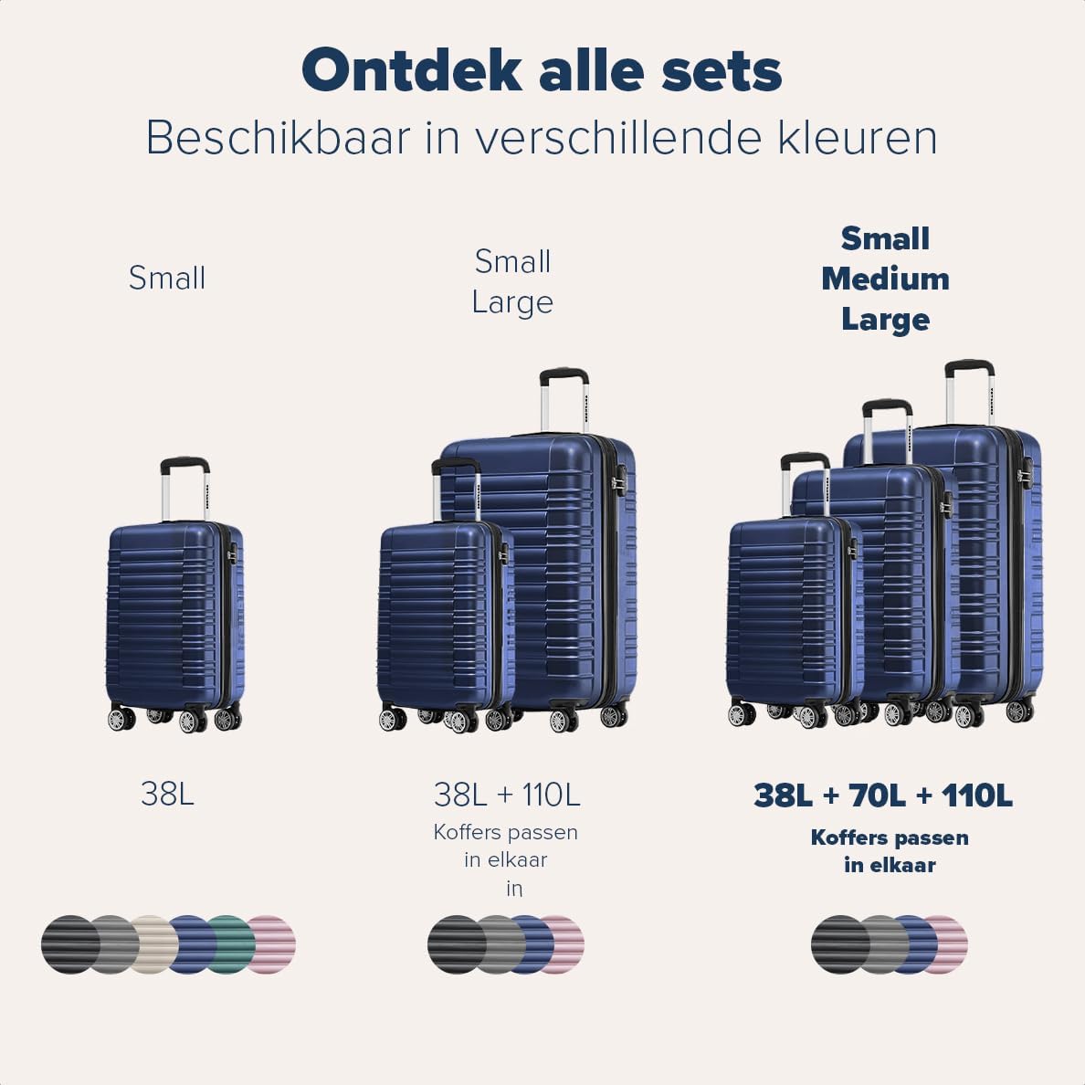 TRVLMORE Kofferset - 3 Delig - 38L Handbagage + 110L Ruimbagage - Lichtgewicht - Trolley - Reiskoffer Set - Donkerblauw