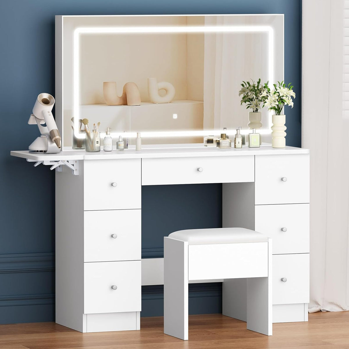 Make-uptafel – Kaptafel – Make-up Meubel – Schminktafel – Make-up Bureau – 7 Laden Opbergruimte – 3 Kleurverlichting Met USB & Stopcontact
