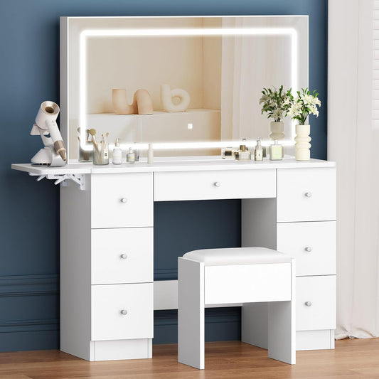 Make-uptafel – Kaptafel – Make-up Meubel – Schminktafel – Make-up Bureau – 7 Laden Opbergruimte – 3 Kleurverlichting Met USB & Stopcontact