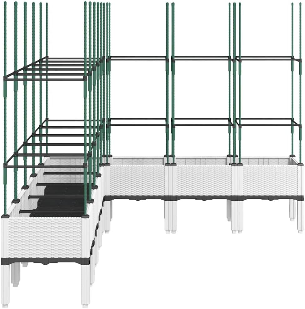 Flower Box for Garden with Integrated Polypropylene Trellis Raised Design and Rattan Look White 200 x 160 x 142.5 cm, Ideal for Climbing Plants, Vegetables - QUORE
