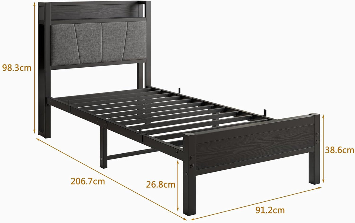 91 cm eenpersoonsbedframe met opberghoofdeinde, zwaar metalen gestoffeerd platformbedframe, matrasstichting/sterke stalen lattenondersteuning/opslag onder bed/eenvoudige montage/zwart