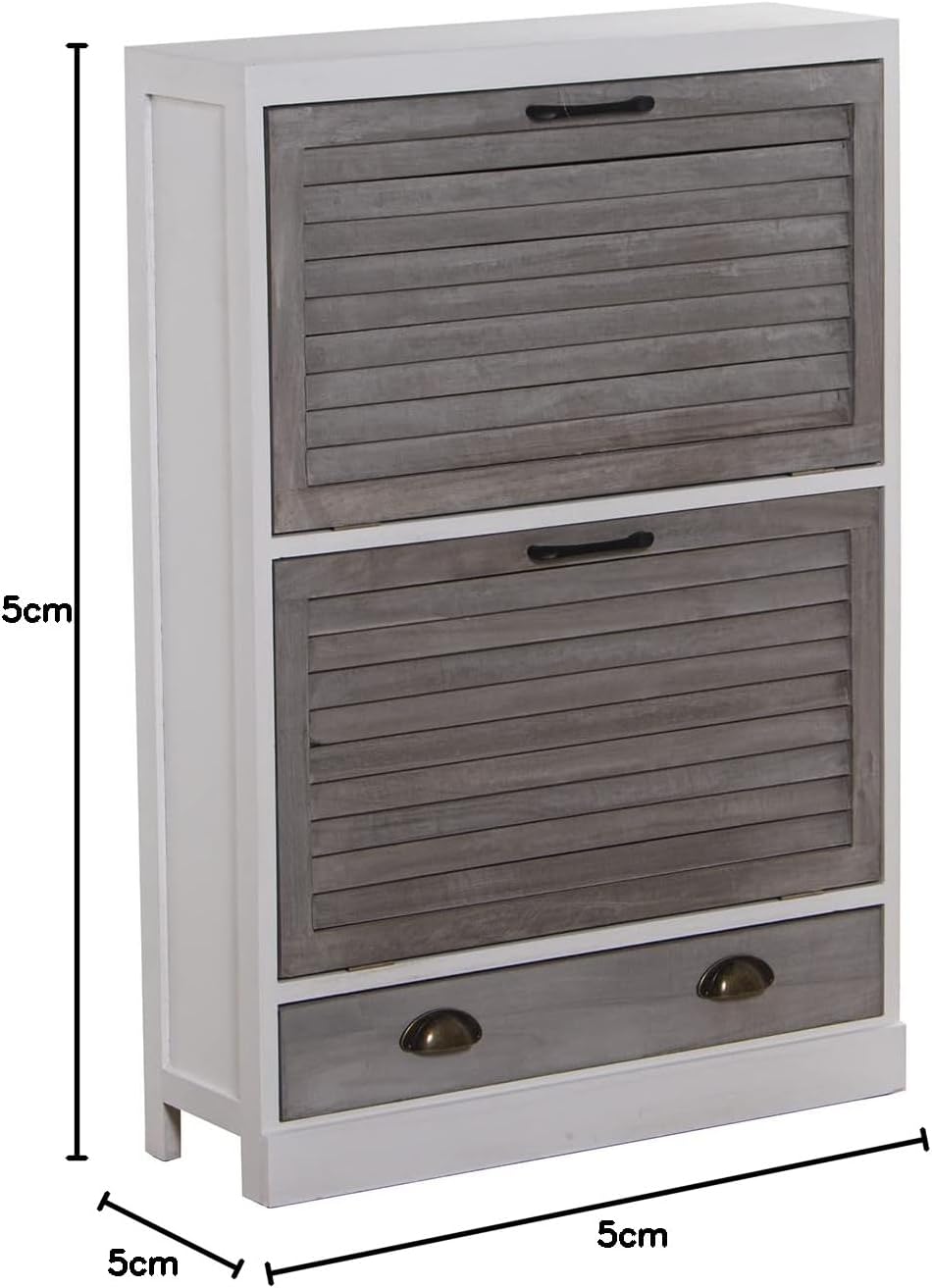 DRW Schoenenkast met 2 deuren en 1 lade van Paulownia in wit en grijs, 65 x 20 x 94 cm