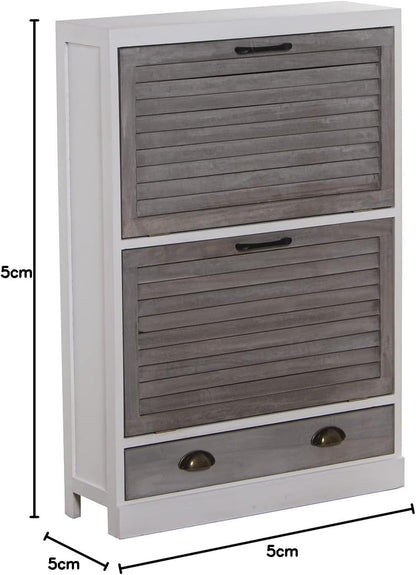 DRW Schoenenkast met 2 deuren en 1 lade van Paulownia in wit en grijs, 65 x 20 x 94 cm