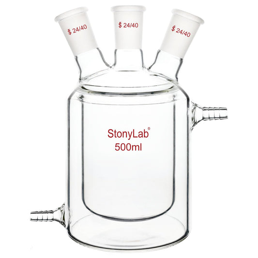 stonylab Dubbelwandige reactiekolf, vlakke bodem reactievat met dubbele laag en drie 24/40 standaardaansluitingen, 500 ml