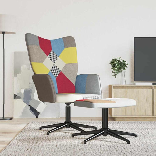 Relaxstoel Met Poef – Fauteuil – Draaistoel – Leunstoel – Lounge Stoel – Patchwork Ontwerp – 360 Graden Draaibaar – Comfortabel Schuimrubber – Stalen Frame