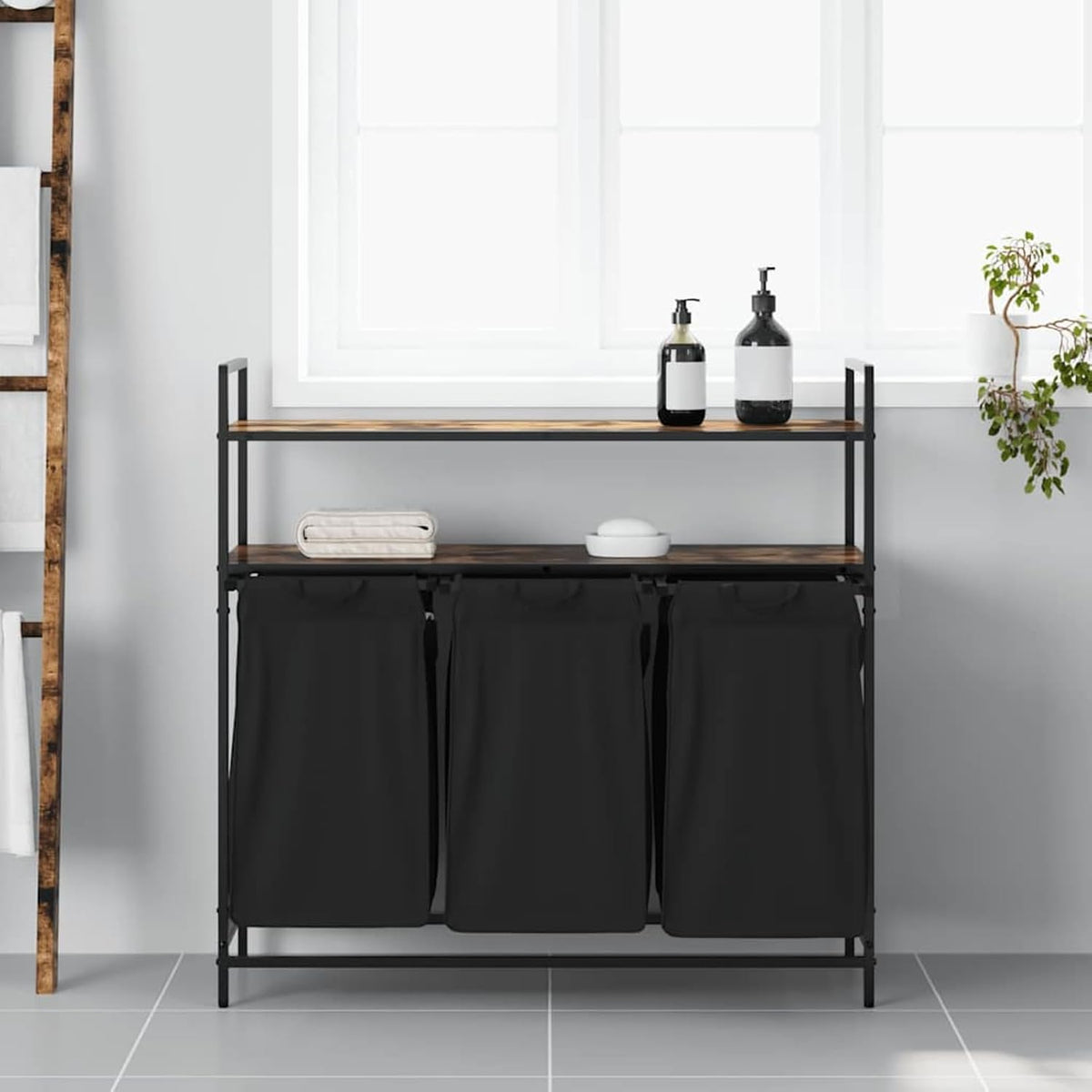 Wasmand – Wasbak – Wascontainer – Wasbox – Waskuip – 3 Compartimenten – Stalen Frame Met Eiken Planken