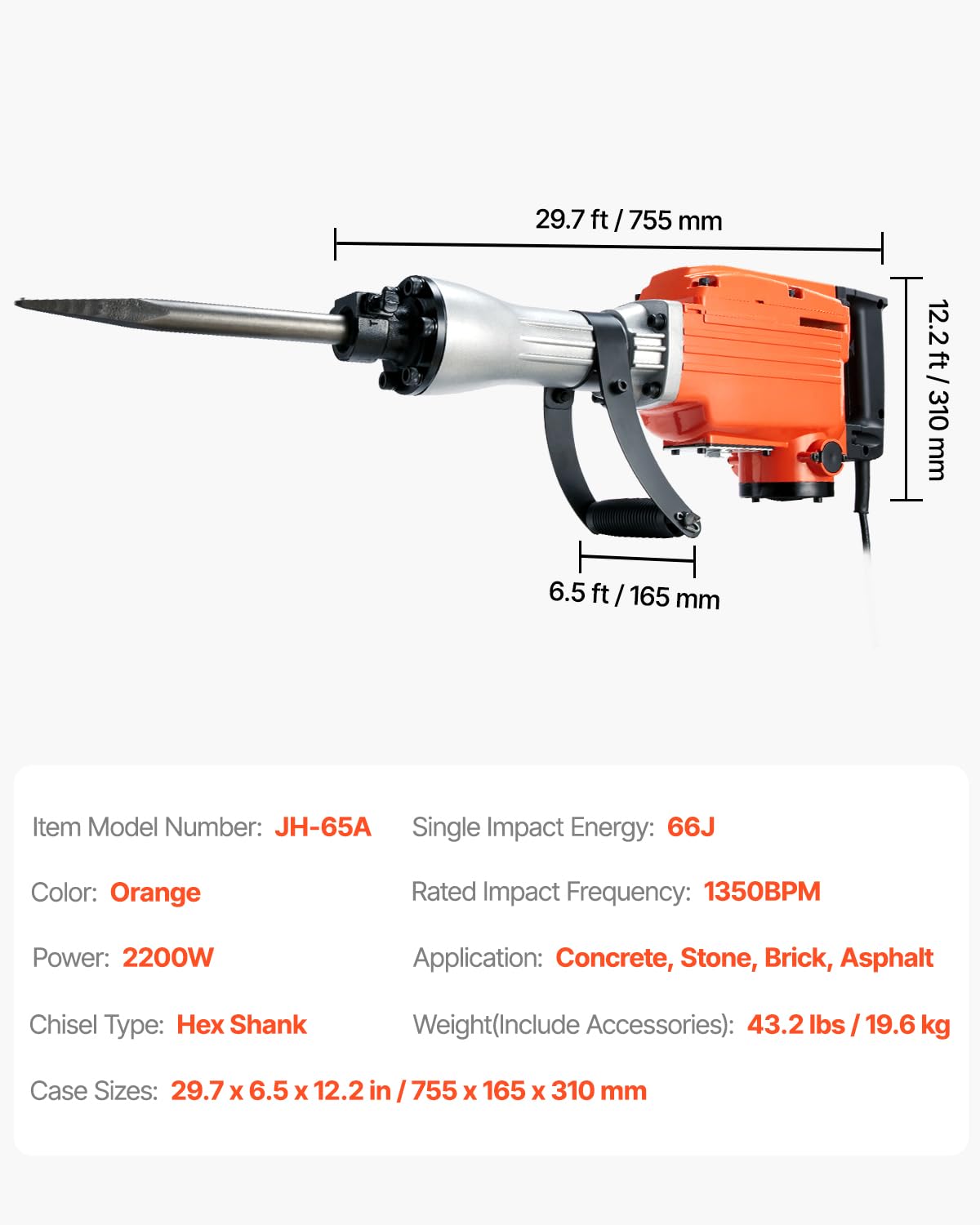 VEVOR Powerful concrete breaker 2200 W, 1-1/8 inch / 28.6 mm electric bridge hammer, drill hammer concrete hammer 1400 BPM, incl. point sizes, flat blades, for sliding, concrete, etc